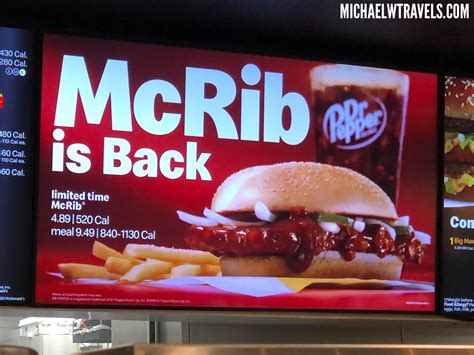 Mcdonald's mcrib near me menu - The McRib comes back on December 2. McDonald's. Described as “saucy, tangy, tender and shamelessly delicious,” the McRib first appeared on menus nearly 40 years ago. The sandwich is a boneless ...